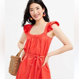 LOFT Flutter Sleeve Tank Tie Waist Linen Blend Shift Dress